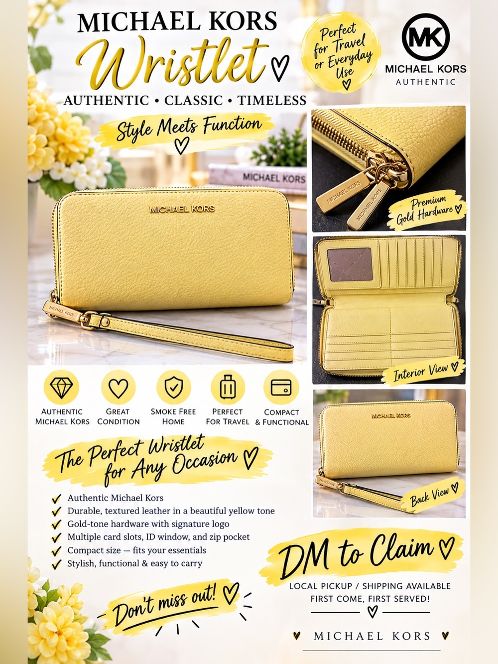 Michael Kors Yellow Leather Zip Wristlet with Gold Hardware
